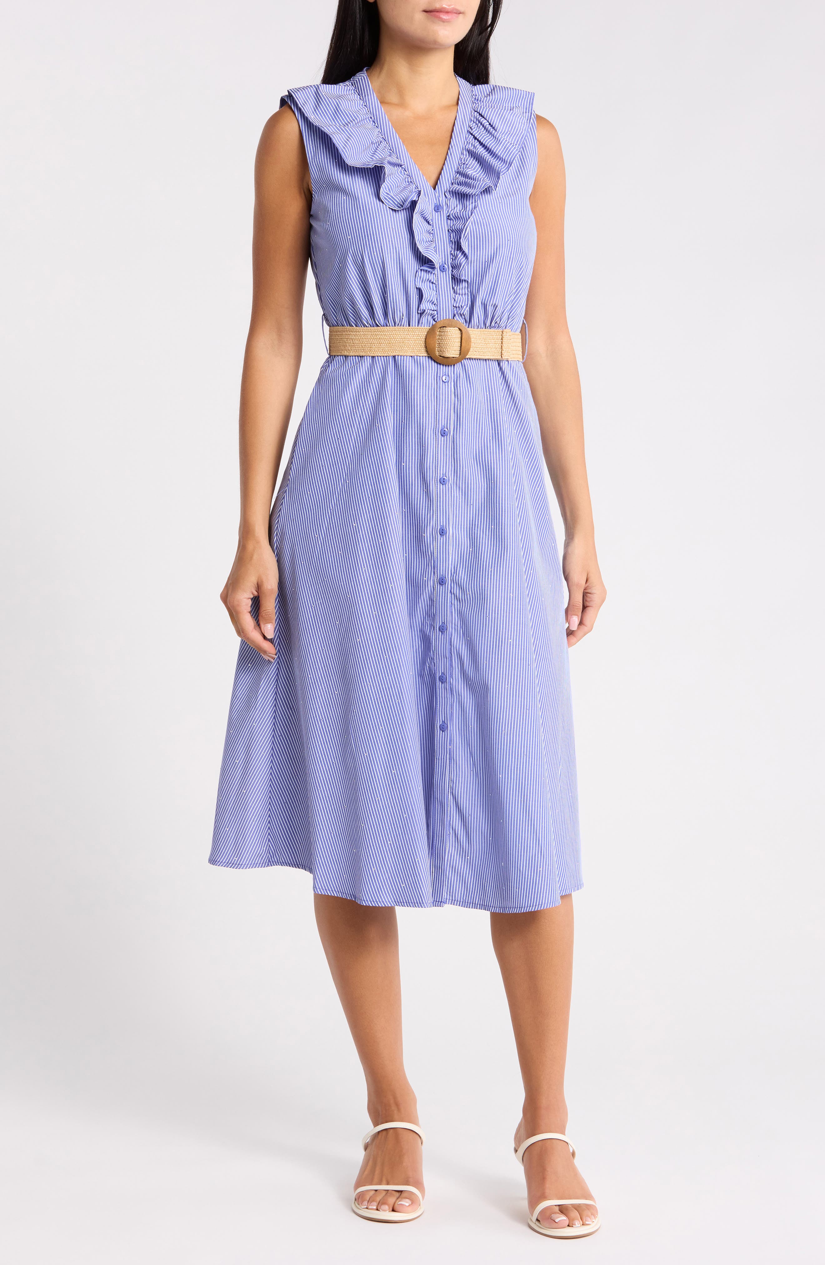 Sam Edelman Stripe Rhinestone Detail Sleeveless Cotton Shirtdress