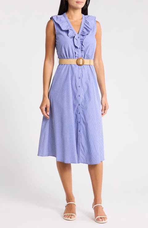 Stripe Rhinestone Detail Sleeveless Cotton Shirtdress