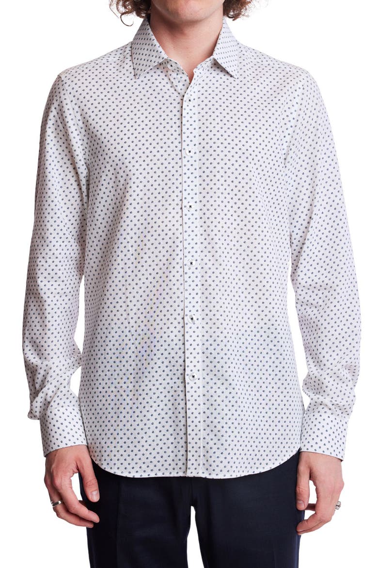 Samuel Dot Print Linen Blend Dress Shirt, Main, color, WHITE BLUE DITSY DOTS