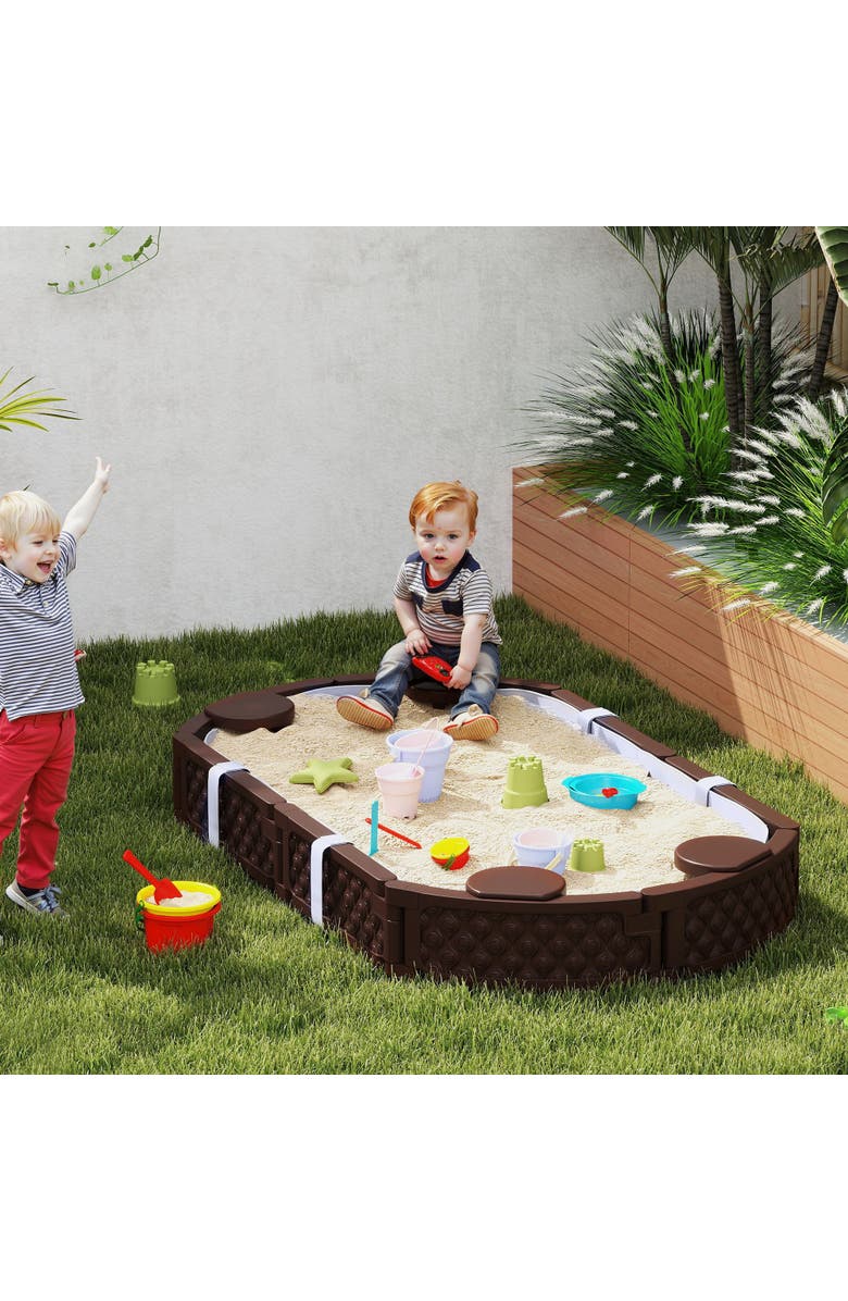 Qaba Kids Sandbox with Cover, Built-in Seating & Bottom Liner, Alternate, color, Brown