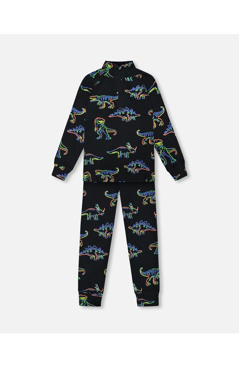 Deux par Deux Boy's Two Piece Thermal Underwear Set Black Printed Neon Dino, Main, color, 