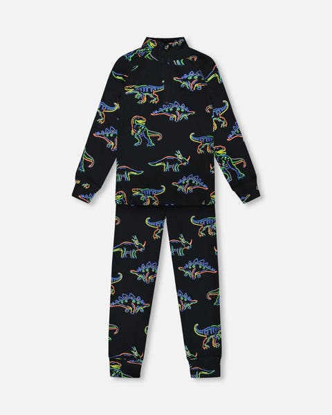 Two Piece Thermal Underwear Black With Dinosaur Print