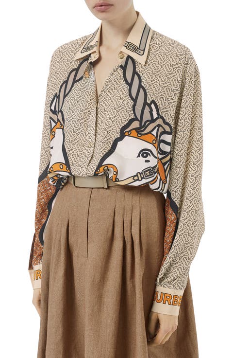 Unicorn & TB Monogram Print Silk Shirt