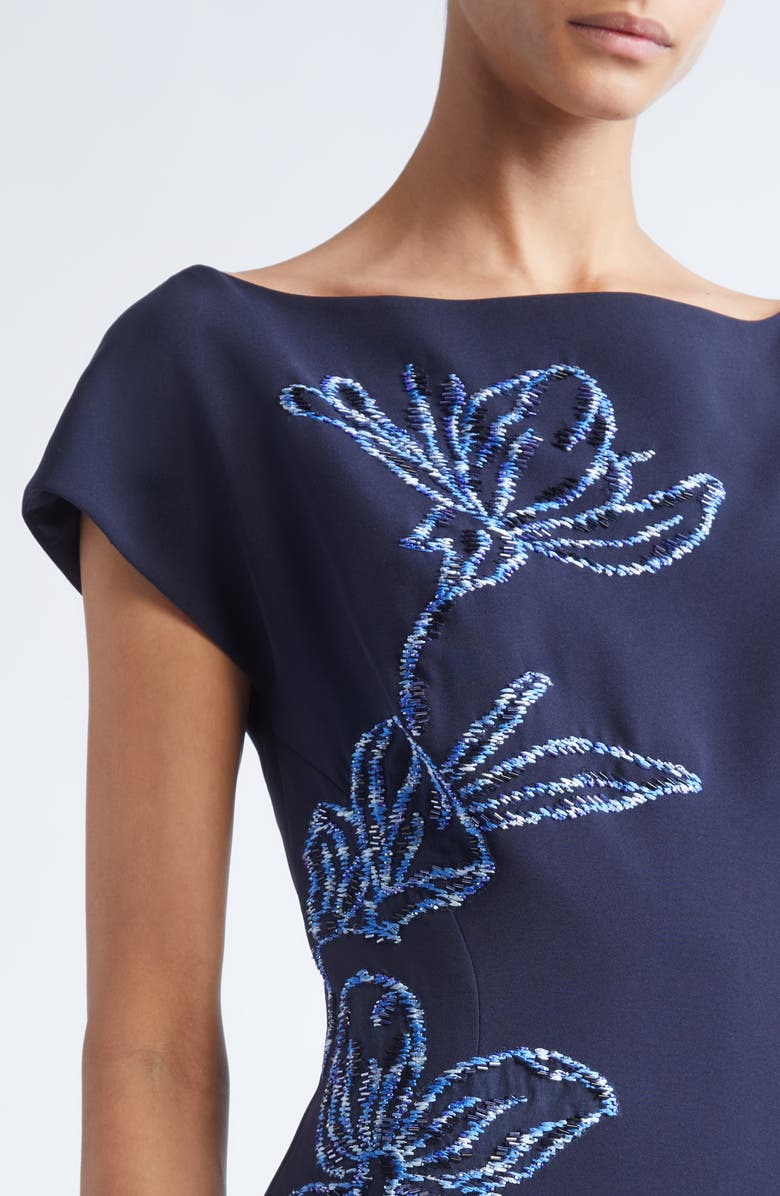 Lela Rose Ikat Floral Embroidered Stretch Crepe Gown, Alternate, color, Navy/ Blue