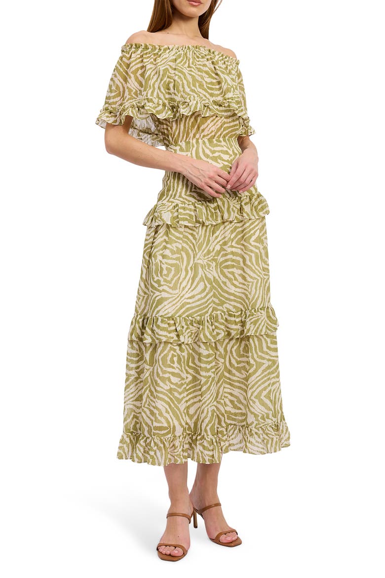 Skylar Off-the-Shoulder Midi Dress, Main, color, OFF WHITE CHARTREUSE