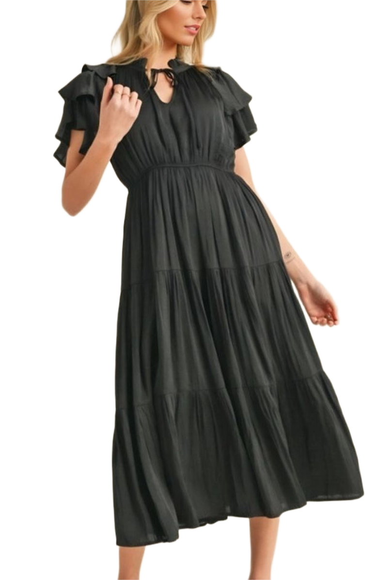 Knit and Lounge Tiered Tie Neck Midi Dress with Ruffle Sleeves, Main, color,