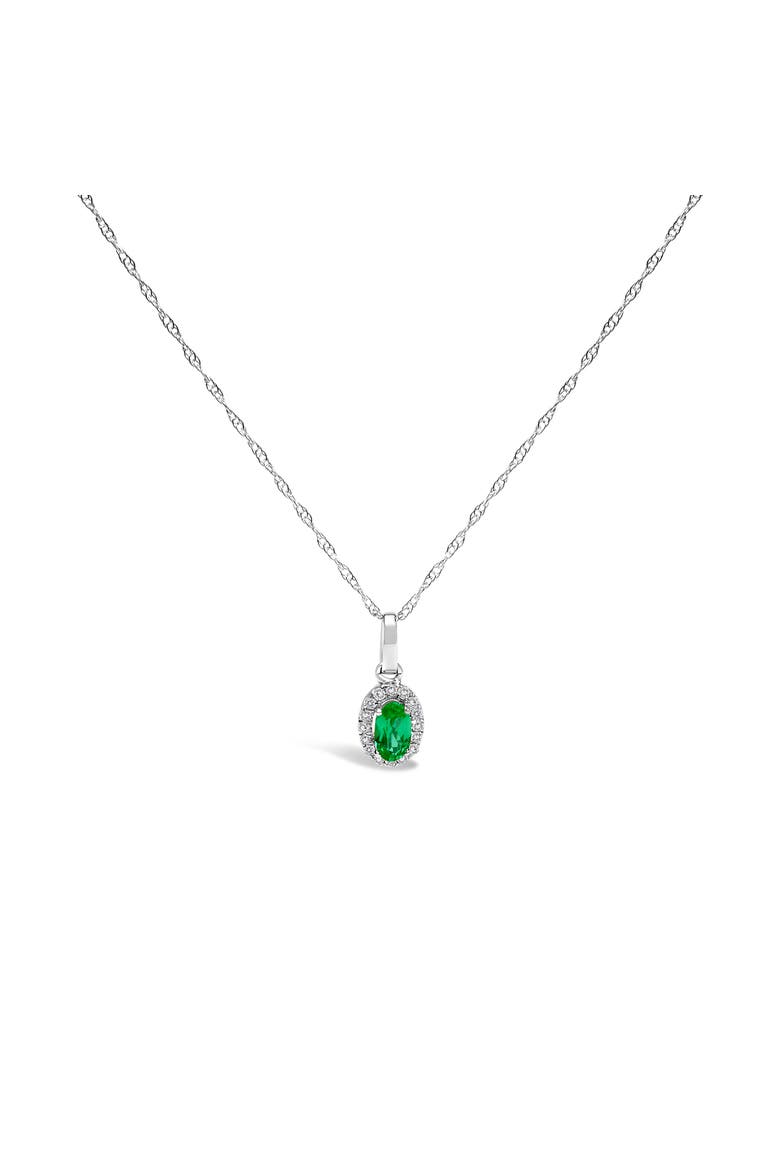 10K White Gold 5x3mm Gemstone and Diamond Accent Halo Oval Shape 18" Pendant Necklace, Alternate, color, Green Emerald | White