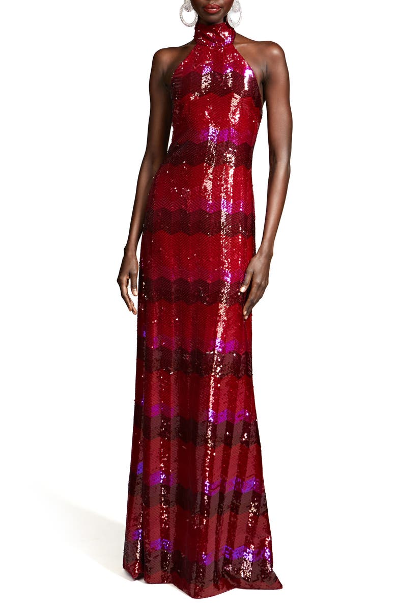 HALSTON Eira Sequin Chevron Halter Neck Gown, Main, color, 