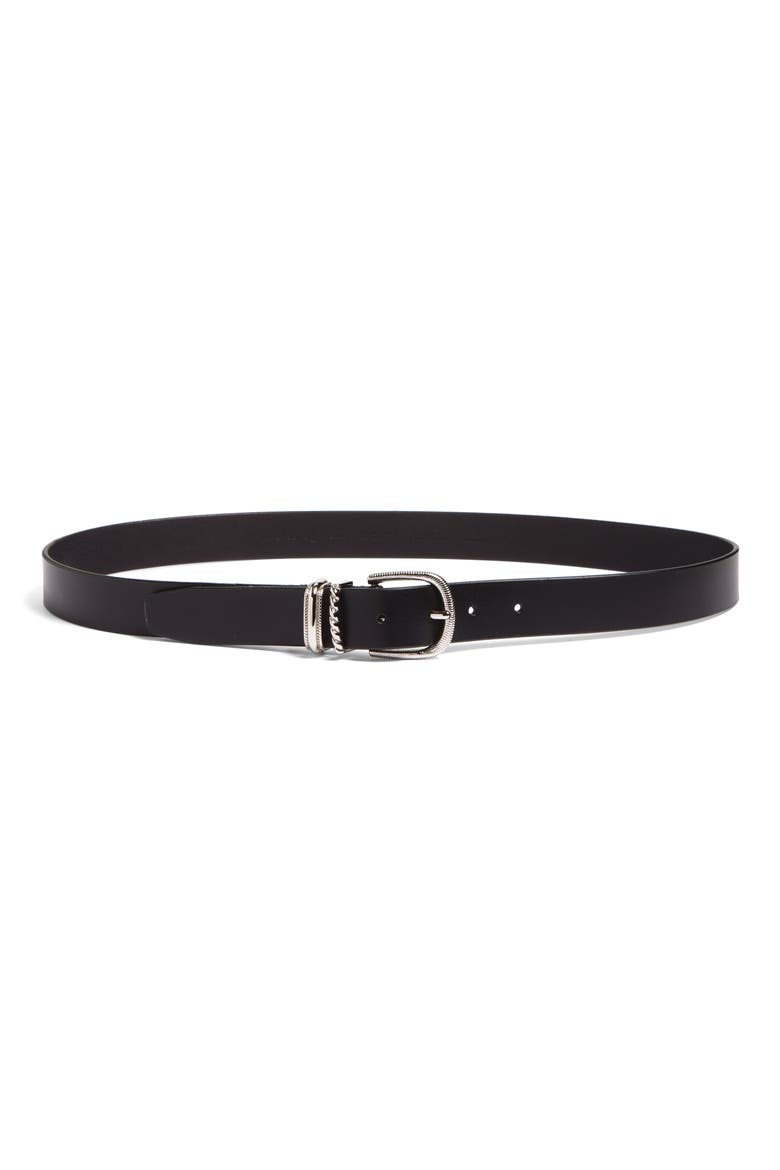 Raina Double Keeper Leather Belt, Main, color, BLACK- SILVER