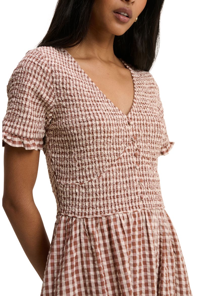 Eliza Smocked Gingham Maxi Dress, Alternate, color, BROWN