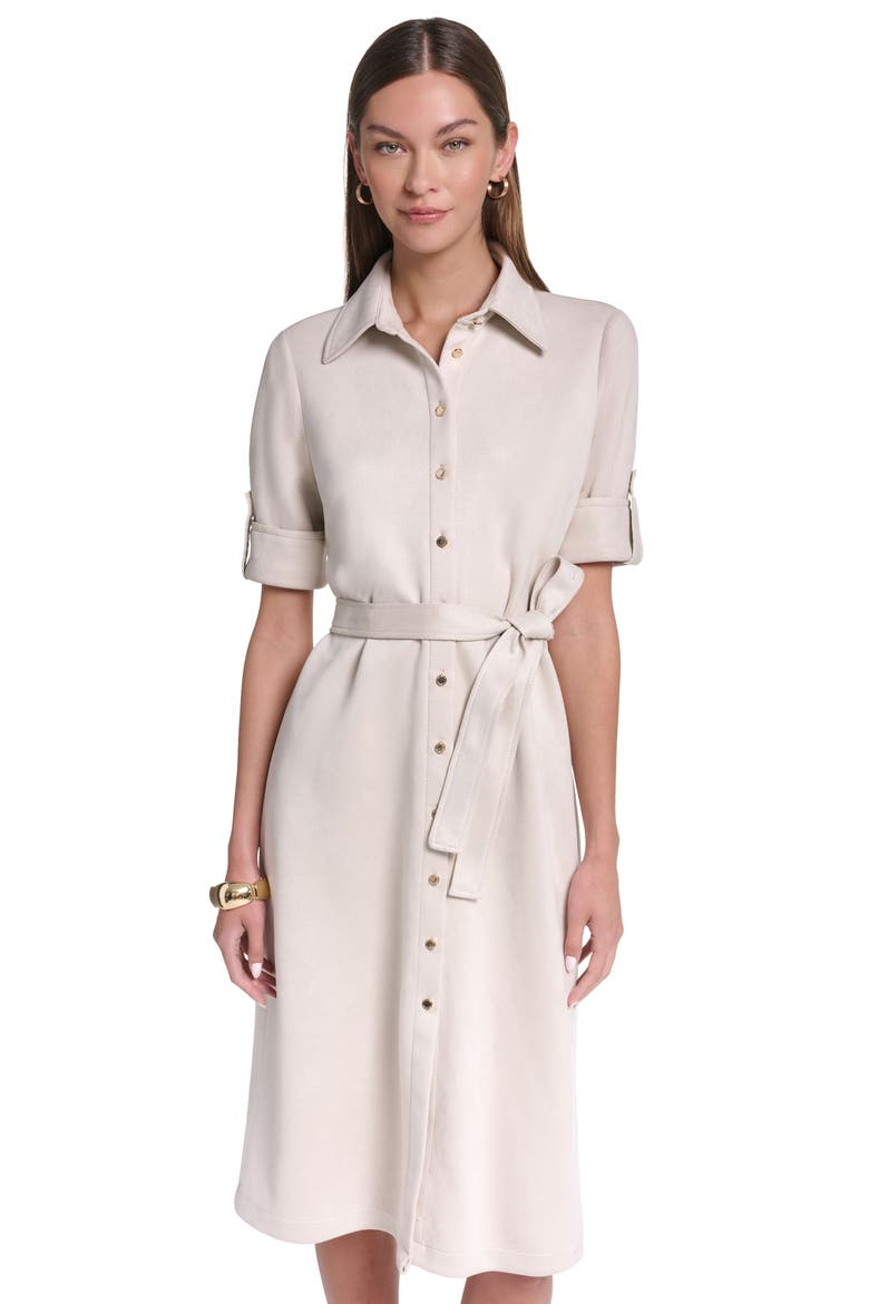 Short Sleeve Suede Midi Shirt Dress, Alternate, color, Beige