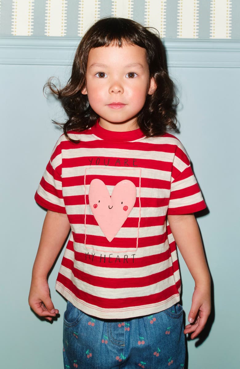 NEXT Kids' Stripe Heart Cotton T-Shirt, Alternate, color, Red