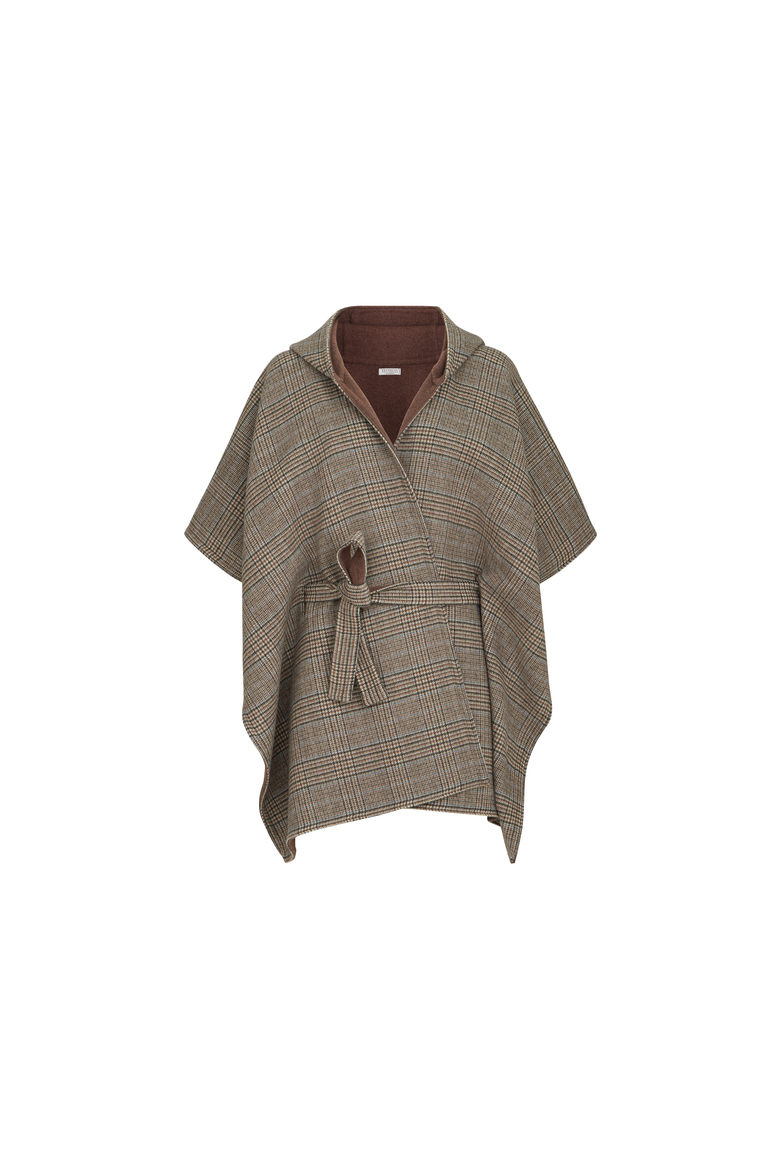 Hand-crafted reversible hooded poncho in cashmere Prince of Wales double cloth, Alternate, color, Brown