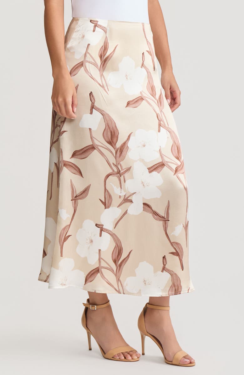 Misook Flared Floral Print Silk Maxi Skirt, Alternate, color, Biscotti/Charmeuse