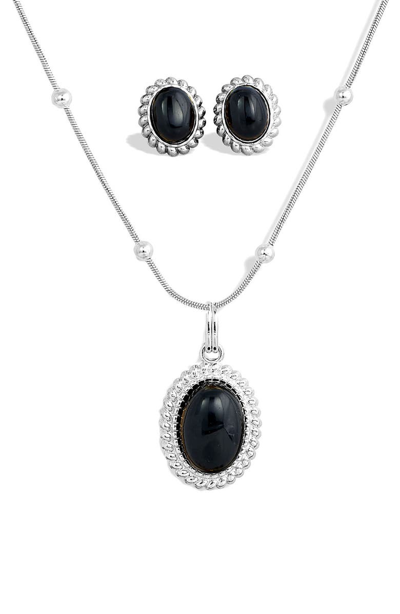 SAVVY CIE JEWELS Boxed Onyx Stud Earrings & Pendant Necklace Set, Main, color, Silver