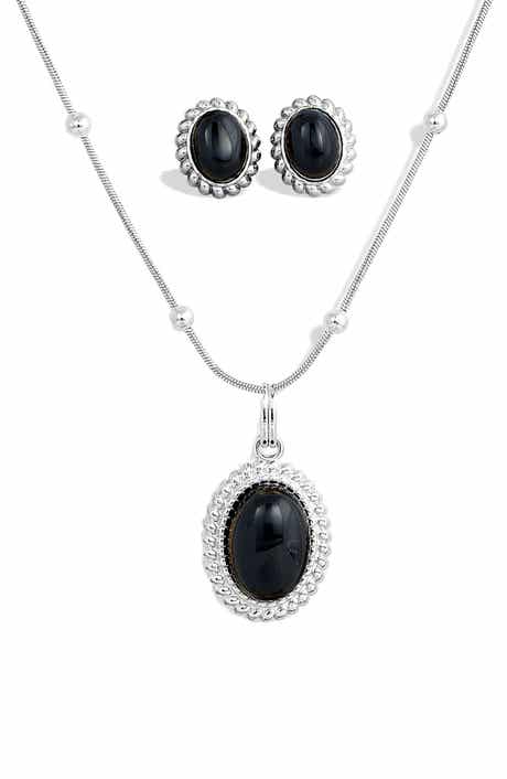 SAVVY CIE JEWELS Boxed Onyx Stud Earrings & Pendant Necklace Set
