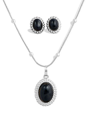 Savvy Cie Jewels Rhodium Plated Ball Necklace With Black Onyx Pendant And Matching Earrings In Silver