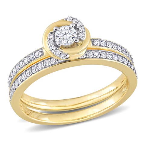 Diamond Swirl Halo Bridal Ring Set 14k