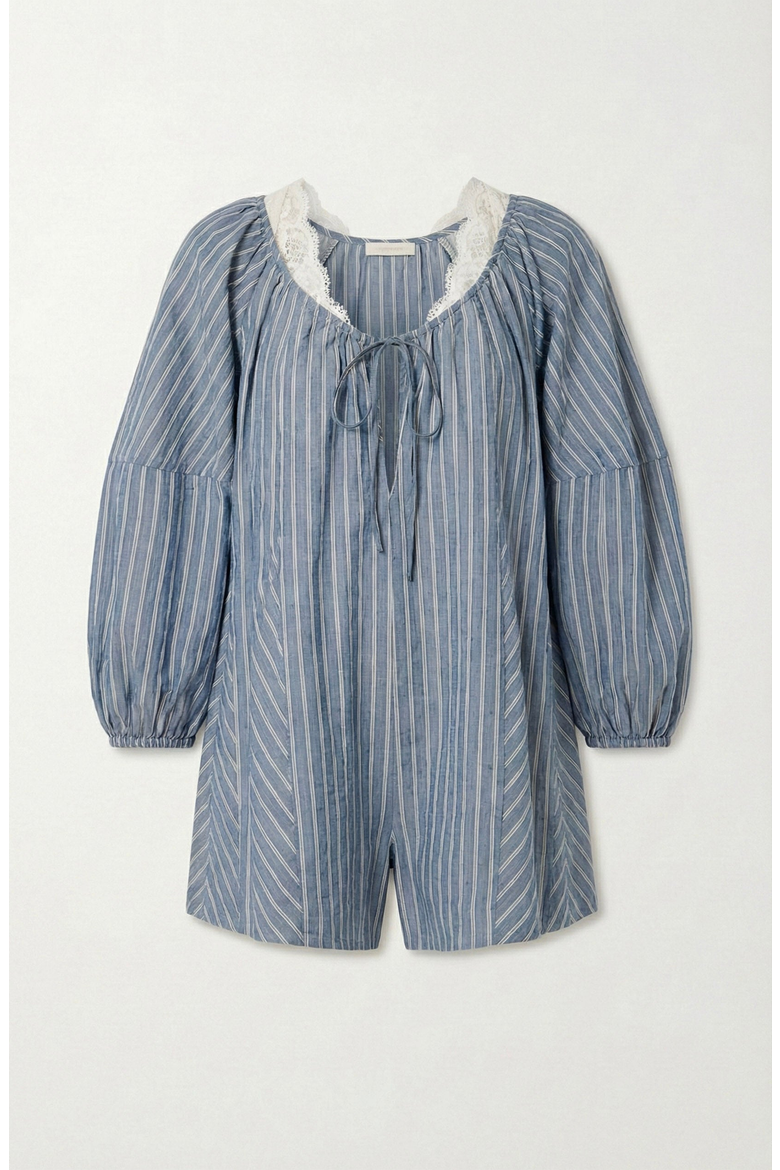 Striped V-Neck Tie Front Romper, Alternate, color, Slate Blue