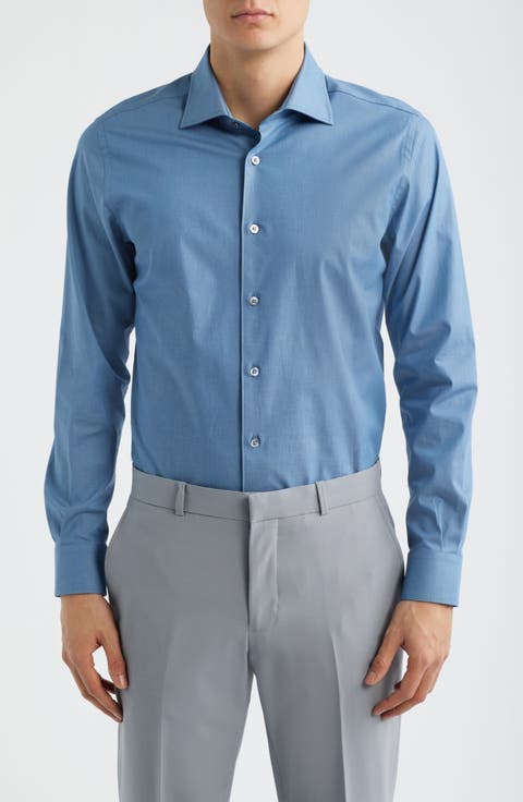 Bassano Tailored Fit Solid Stretch Cotton Twill Dress Shirt