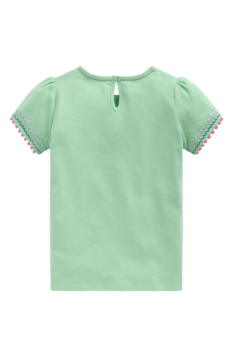 Mini Boden Kids' Embroidered Pom Trim Puff Sleeve Cotton T-Shirt, Alternate, color, Pistachio Green