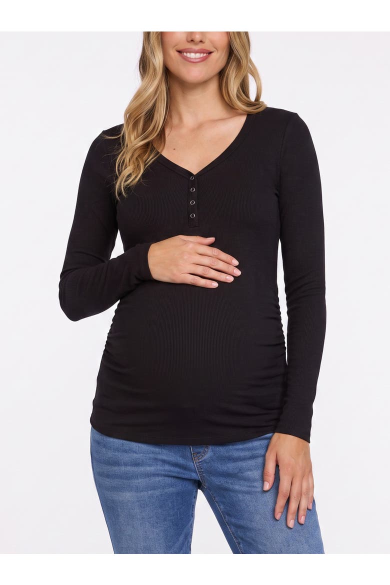 V-Neck Side-Ruched Long Sleeve Henley Tee, Main, color, Black