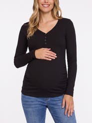 MOTHERHOOD MATERNITY V-Neck Side-Ruched Long Sleeve Henley Tee