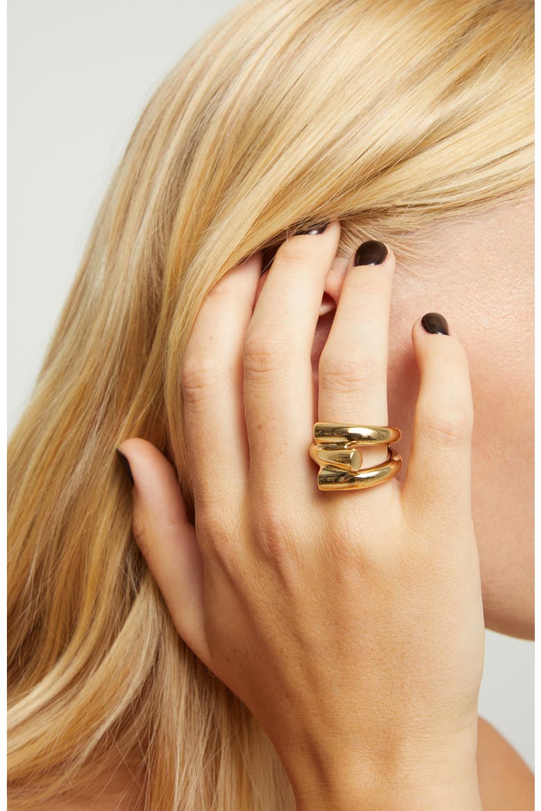 18K Gold-Plated Ring in Triple Tube Shape, Alternate, color, Gold