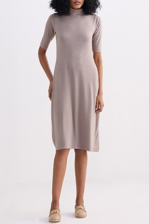 Reistor High Crew Neck Elbow Sleeves Fitted Dress In Dusty Brown