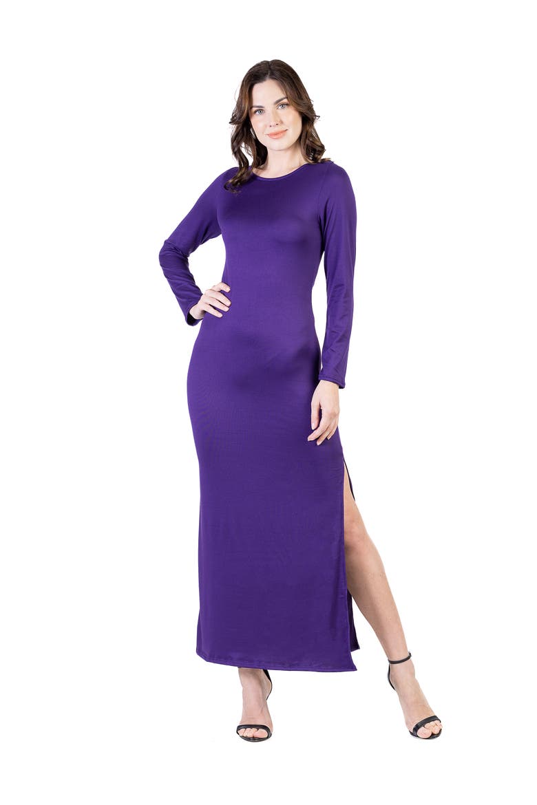 Long Sleeve Side Slit Fitted Black Maxi Dress, Main, color, Purple