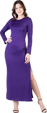 24seven Comfort Apparel Long Sleeve Side Slit Fitted Black Maxi Dress