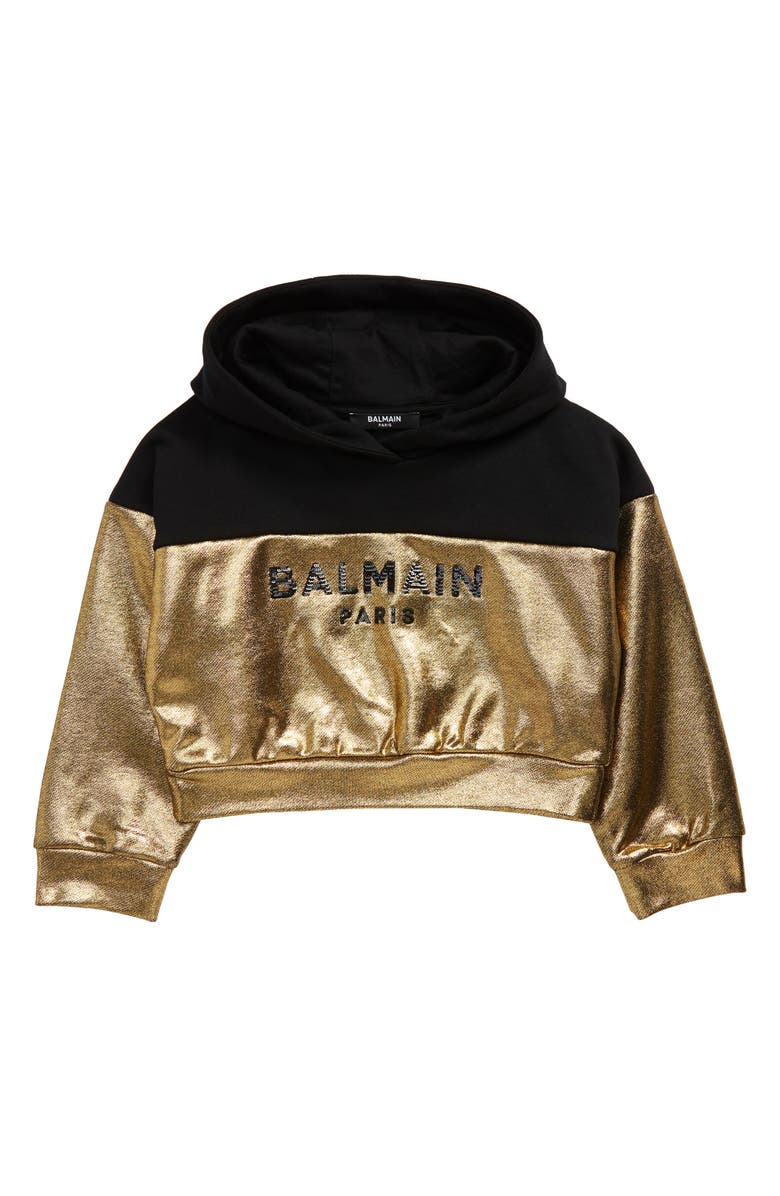 Balmain Kids' Colorblock Cotton Crop Hoodie, Main, color, 