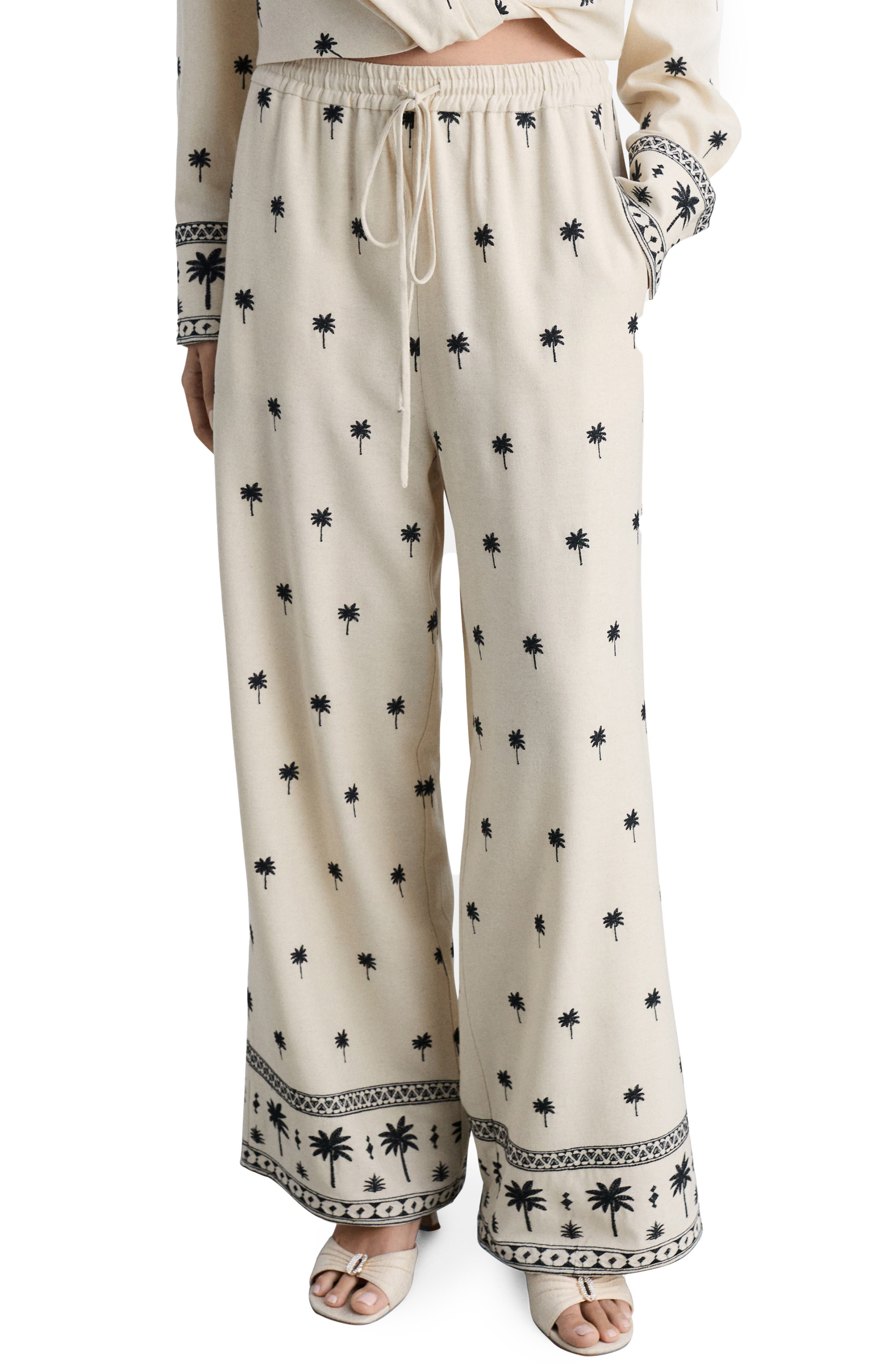 Palm Tree Embroidered Drawstring Pants