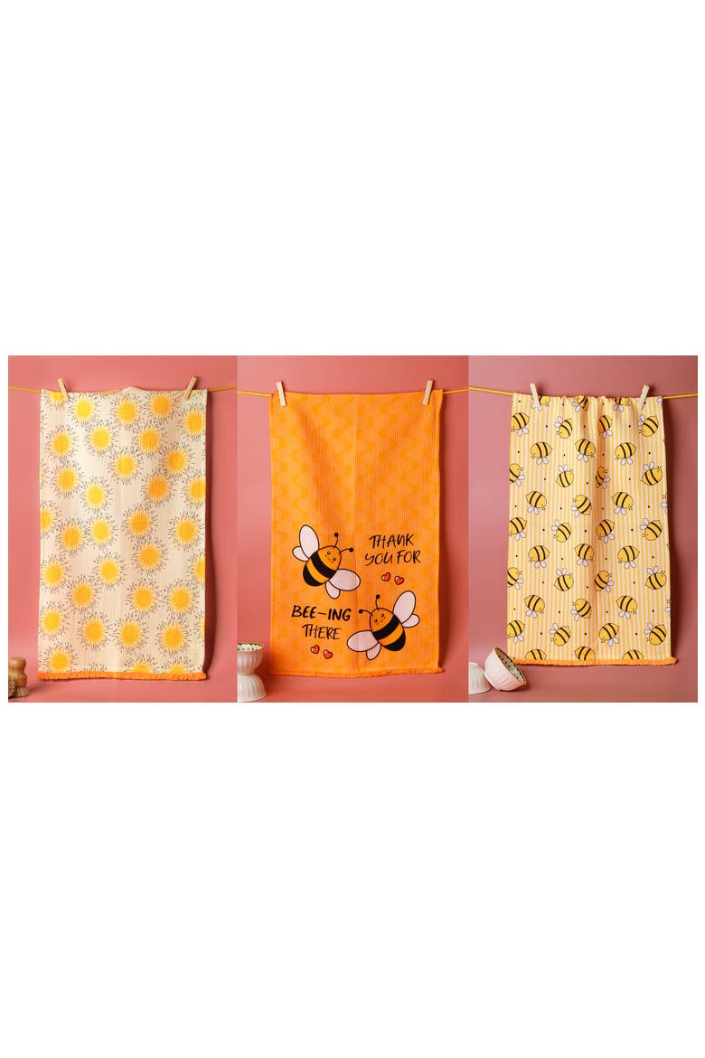 Bee-Ing There Set of 3 Kitchen Towels, Alternate, color, BRIGHT ORANGE/ SUNNY