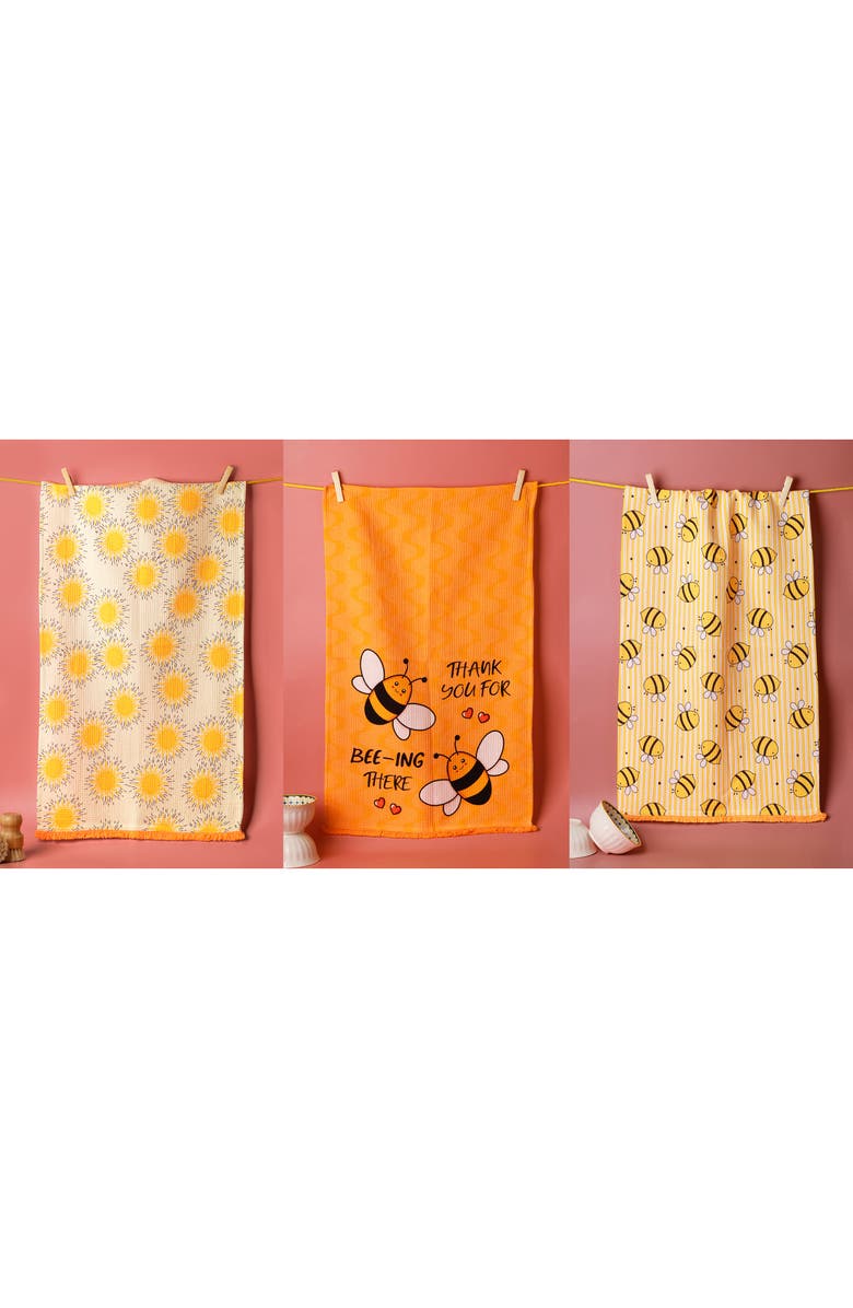 Tiramisu Bee-Ing There Set of 3 Kitchen Towels, Alternate, color, Bright Orange/ Sunny