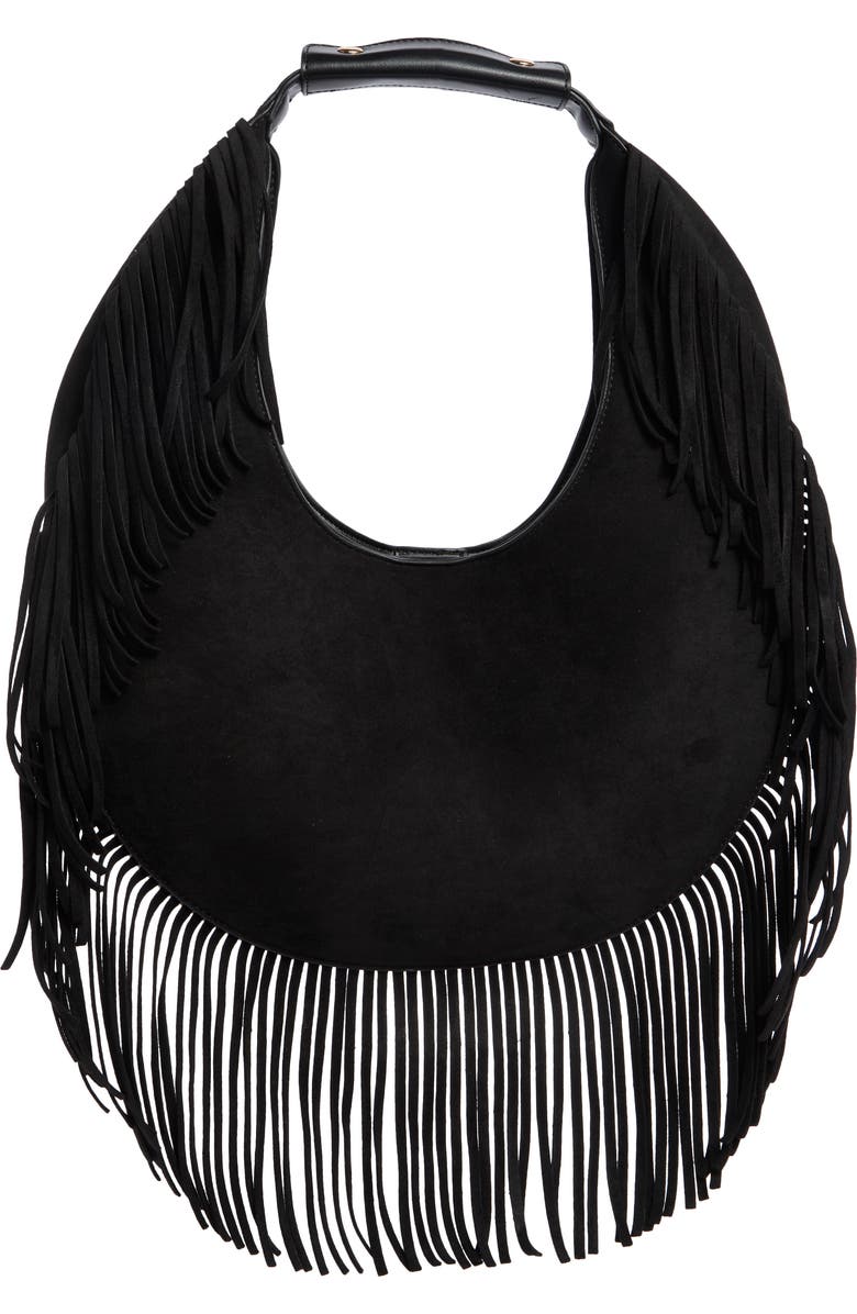 URBAN EXPRESSIONS HANDBAGS Fringe Faux Suede Hobo Bag, Main, color, Black