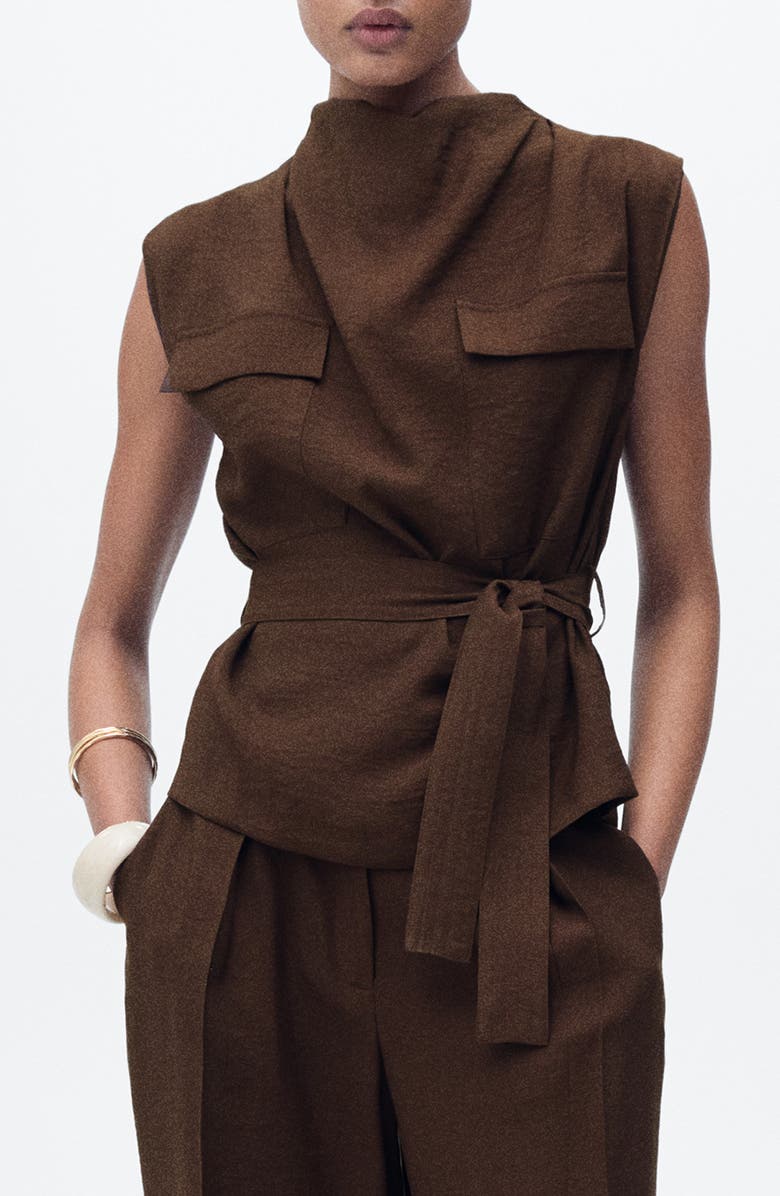 MANGO Drape Tie Belt Sleeveless Top, Main, color, Chocolate