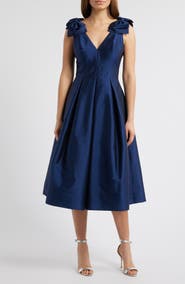 Eliza J Bow Shoulder Taffeta Cocktail Midi Dress