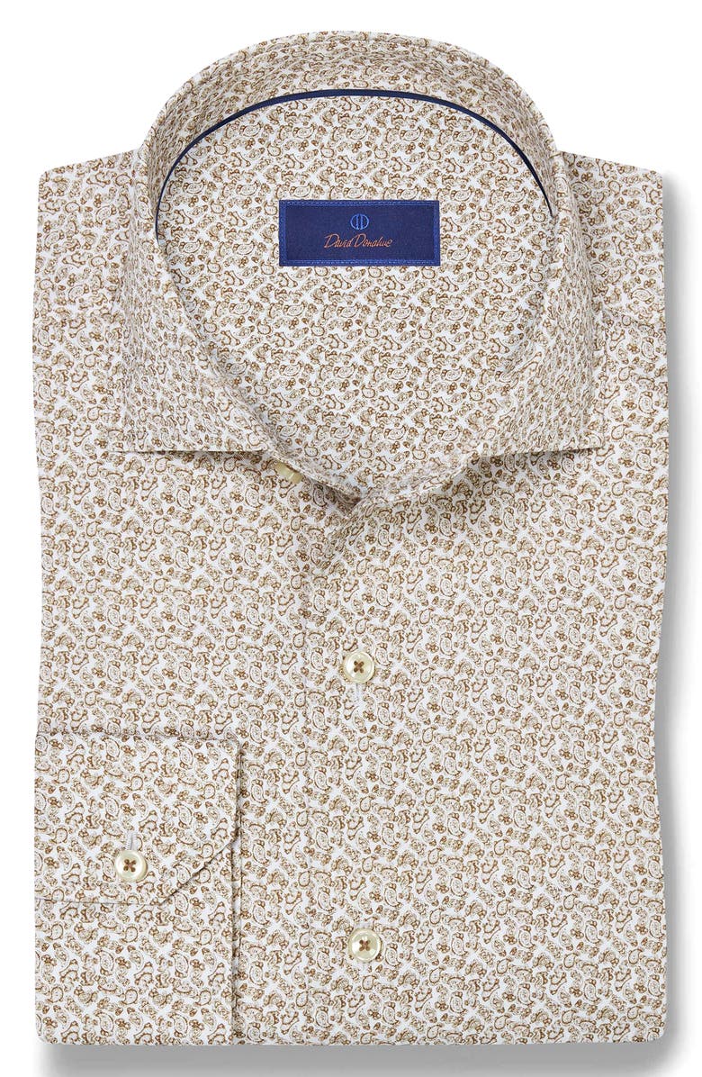 David Donahue Micropaisley Print Cotton Button-Up Shirt, Alternate, color, White/ Dune