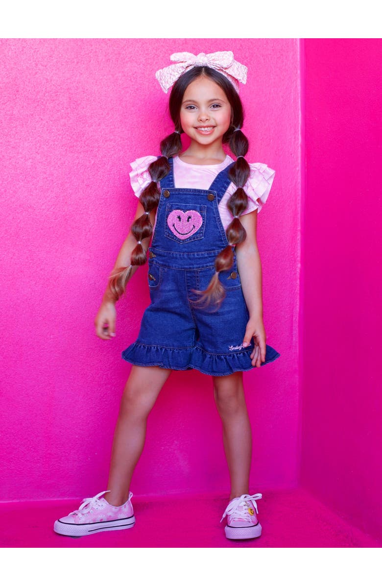 Mia Belle Girls Girls SmileyWorld  Happy Heart Denim Shortall Set, Alternate, color, Pink