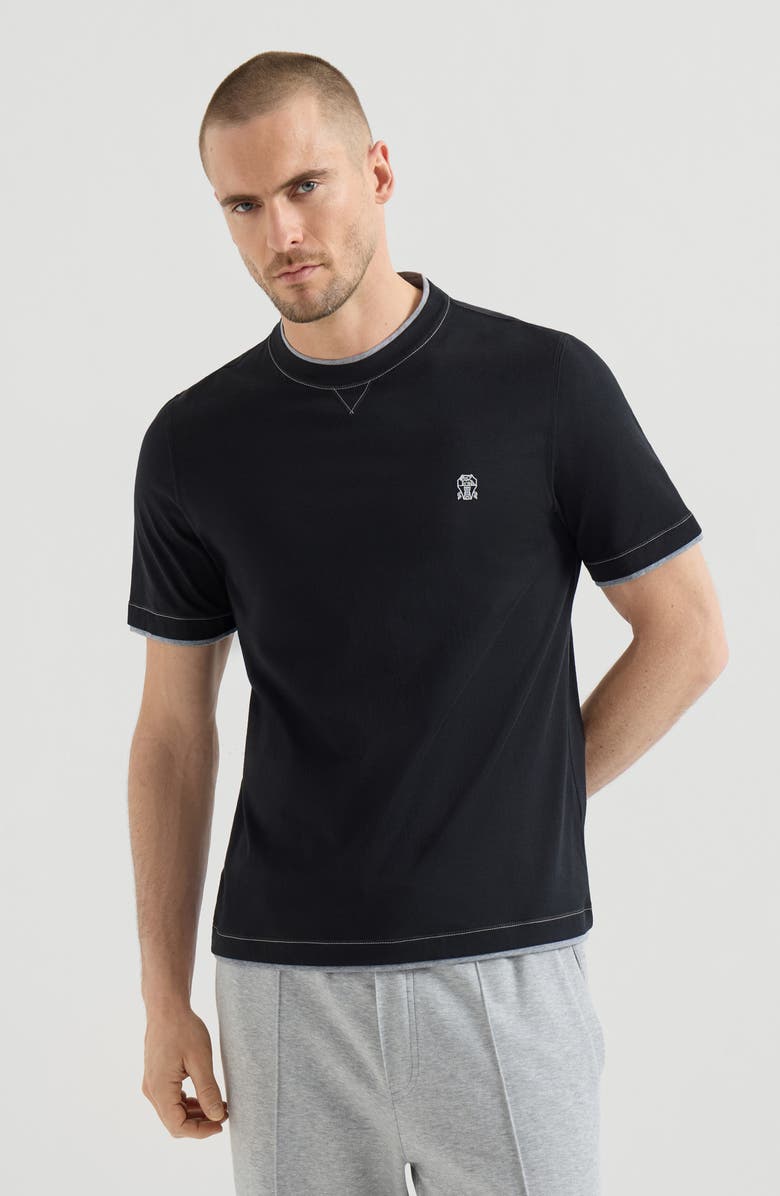 Brunello Cucinelli T-shirt with faux-layering, Main, color, Black
