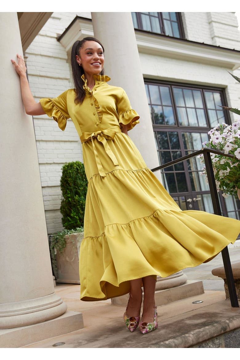 Sadie Maxi Satin Dress, Alternate, color, Golden Olive