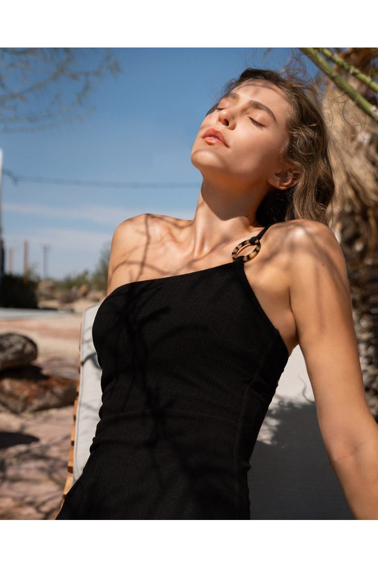 Kara One Shoulder Ring Trim One-Piece Swimsuit, Alternate, color, Black Texture