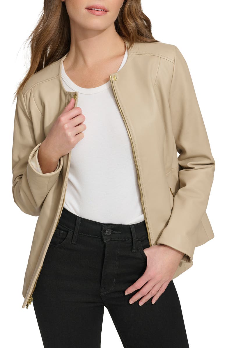 Cole Haan Collarless Leather Jacket, Alternate, color, Cream