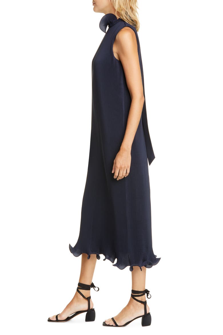 Ruffle Trim Pleated Midi Dress, Alternate, color, NAVY
