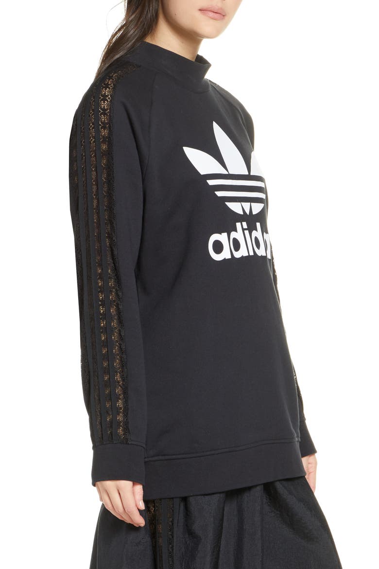 Lace Stripe Logo Cotton Sweatshirt, Alternate, color, BLACK