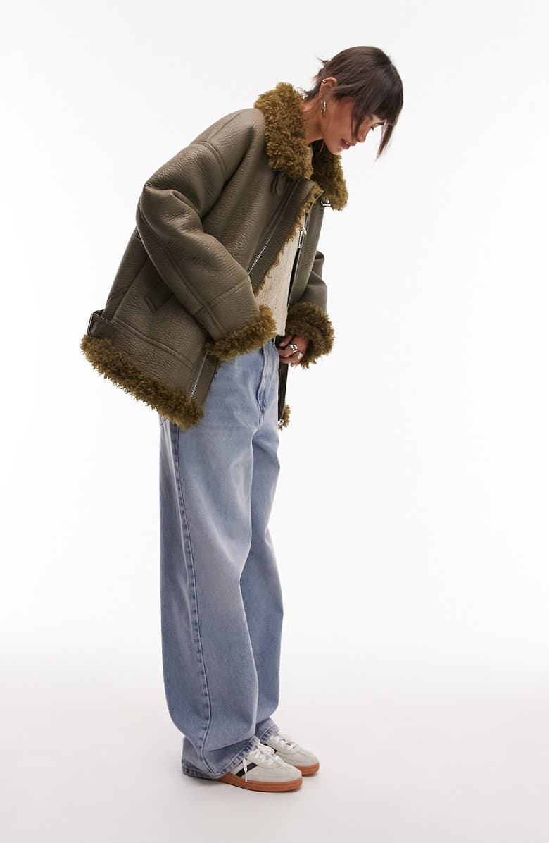Topshop Faux Shearling & Faux Leather Aviator Jacket, Alternate, color, 