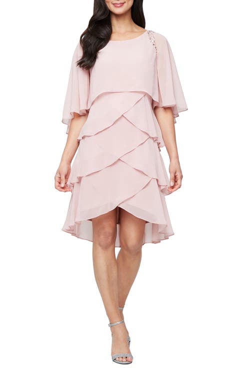 Beaded Shoulder Tiered Chiffron Cocktail Dress