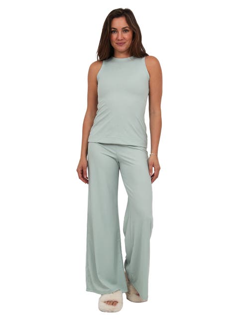 Womens Basic Ribbed Knit Tank Top and Elastic Waist Wide Leg Pant Set