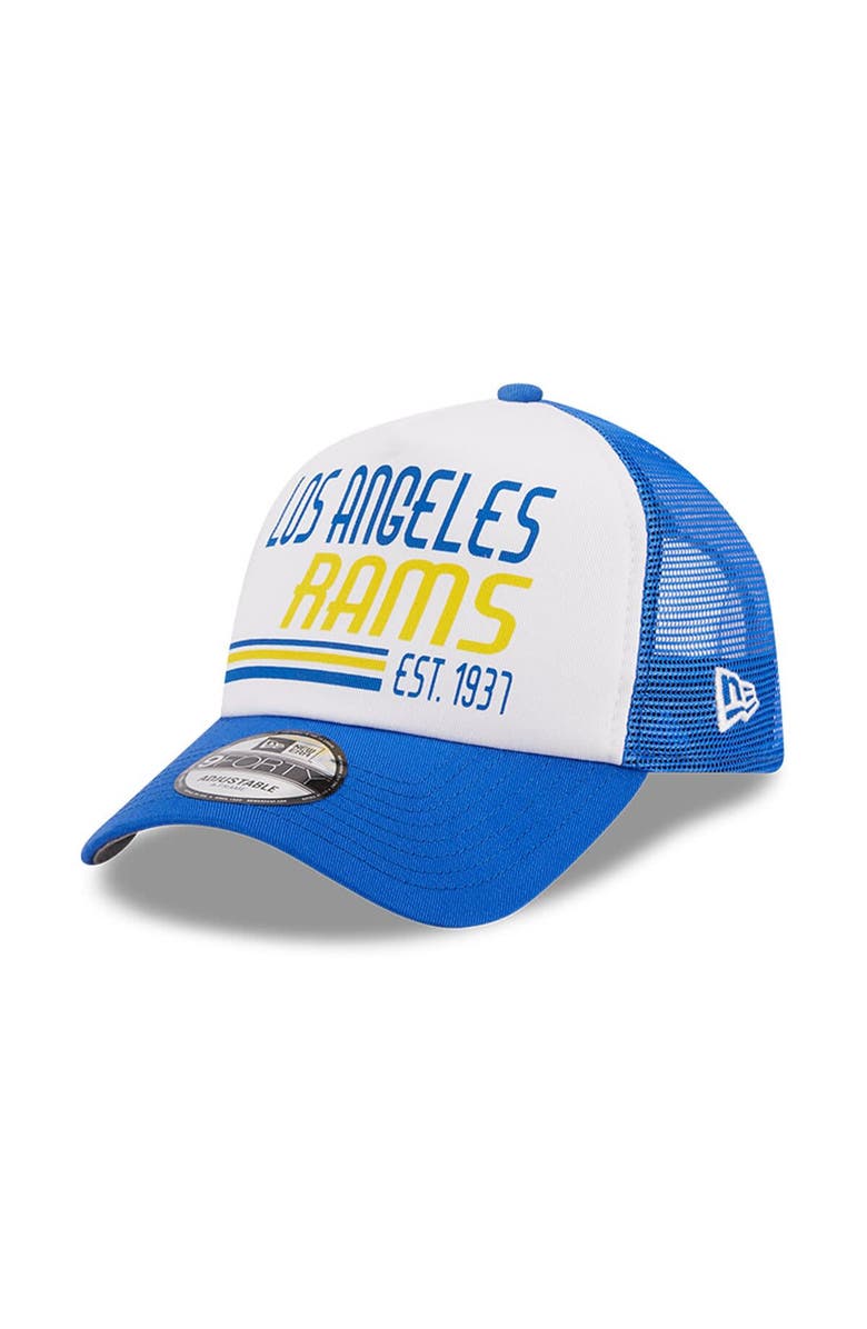 New Era Men's New Era White/Royal Los Angeles Rams Stacked A-Frame Trucker 9FORTY Adjustable Hat, Main, color, White